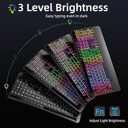 Hamile Wireless Keyboard and Mouse Combo:RGB Backlit Effects,Ergonomic Full Size Silent Keyboard,Wrist Rest,2.4G Rechargeable with Phone Holder Compatible with Windows, Mac,PC,Laptop, Black