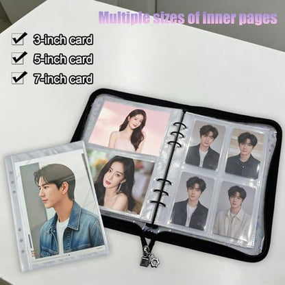A5 Kpop Photocard Binder Holder with 50 Sheets Double Sided Sleeves for Polaroid Instax Mini Photo Album Zip Book Game Trading Sports Baseball Card Binder 6 Ring 4 Pocket Collector (Black) - color: Black