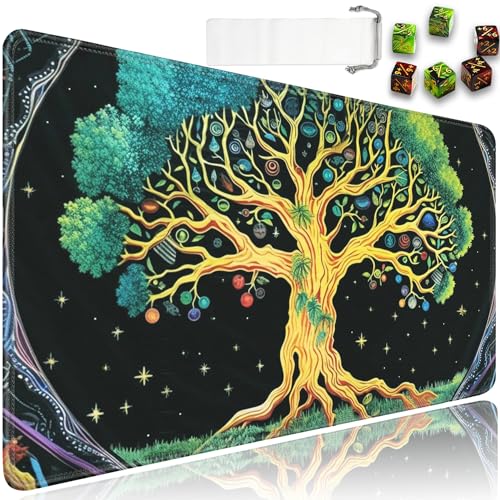 for MTG Playmat + Drawstring Travel Pouch + 6 Dice Counter, for Trading Card Game Playmats or Mouse Pad, Anti-Slip Rubber 24 x 14 in, Green Tree of Life for TCG Playmat (No with Zone) - color: JV-Playmat-5-1-A10