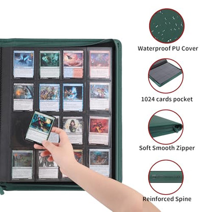 Snekdy premium 1024-pocket trading card binder, 16-pocket cards album, waterproof PU-leather Cover album with side loading, holds gaming, baseball, basketball & sports cards Green - color: Green