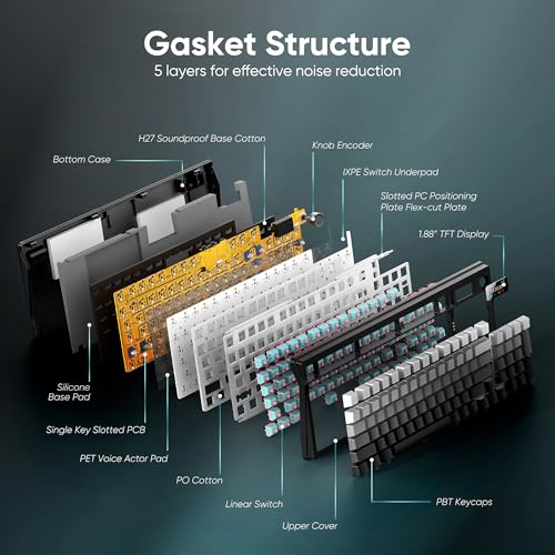 RedThunder K95 Wireless Mechanical Keyboard,TFT Screen & Knob, Trip-Modes Connection, Gasket Custom Hot-Swap Keyboard, RGB Backlit, Pre-lubed Linear Switches, Side Printed PBT Keycaps, Gray Gradient - color: Gradient Gray