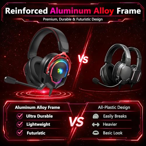 K98 Wired RGB Gaming Headset with Mic, Over Ear Gaming Headphones, 50mm Neodymium Drivers, Noise Isolating Microphone, Memory Foam Cushions, Aluminum Alloy Frame for PC, PS5, PS4, Xbox, Switch - color: Black/Red RGB