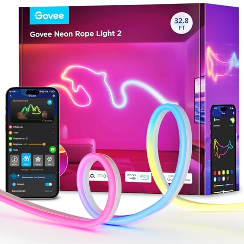 Govee RGBIC Neon Lights 32.8ft Works with Matter, Alexa, Google Assistant | LED Smart Neon Rope Light 2, Custom DIY Neon Strip Lights for Bedroom and Wall Decor, Softer Material, White - size: 32.8ft