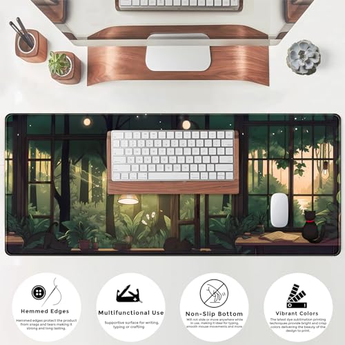 Cute Lofi Desk Mat Green Plants Mouse Pad Large Black Cat Aesthetic Desk Pad Kawaii Anime Extended Gaming Mousepad XL Laptop Keyboard Mouse Mat Deskmat 31.5"x11.8" Cute Office Decor - color: Green Plants