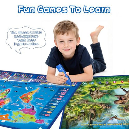 Bilingual Interactive Kids Talking World Map & Dinosaur Poster for Kids Learning and Educational Toys, Talking Educational Toys for 3 to 12 Years Old Girls/Boys, Preschool Learning Chart - style: World Map & Dinosaur Poster