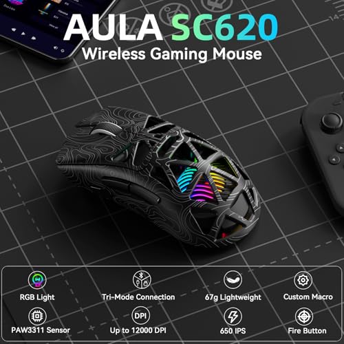 Aula SC620 Wireless Gaming Mouse, Tri-Mode 2.4GHz/USB-C/BT5.3 Computer Mouse with 12000 DPI, Programmable Macro Gamer Mouse with Rapid Fire Key, RGB Light Gaming Mice for PC/Laptop/Mac - color: Line Black