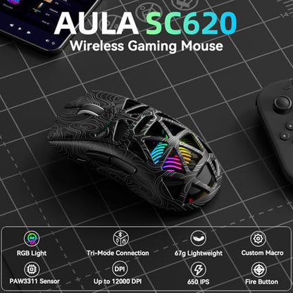 Aula SC620 Wireless Gaming Mouse, Tri-Mode 2.4GHz/USB-C/BT5.3 Computer Mouse with 12000 DPI, Programmable Macro Gamer Mouse with Rapid Fire Key, RGB Light Gaming Mice for PC/Laptop/Mac - color: Line Black