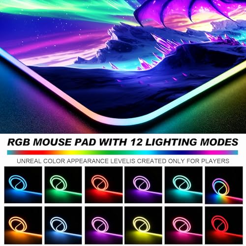 RGB Fantasy Aurora Scenery and Dragon Gaming Desk Mat, Computer Keyboard Large Extended Long LED Mouse Pad for Office and Home, XL (W06) - color: Rgb-w06