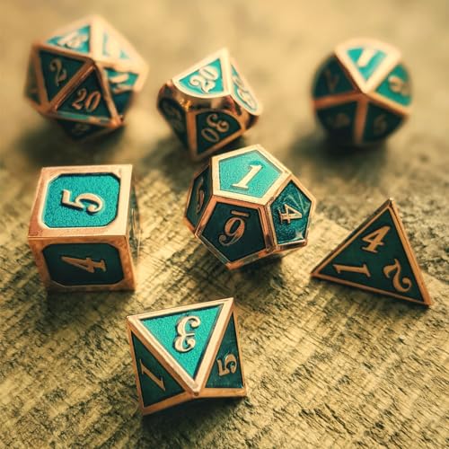 Haxtec Metal D&D Dice Set Copper Teal Polyhedral Metal Dice with Leather Bag Compatible with Dungeons and Dragons DND Accessories Gamer Gifts for DND Lovers Masters Druid - color: Copper Teal