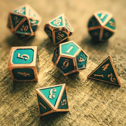 Haxtec Metal DND Dice Set, 7 Pcs Teal Polyhedral Dice for Table Games | Copper D&D Dice with Leather Bag, Compatible with Dungeons and Dragons, Ancient Heavy Metallic, Druid Dice, RPG Gifts - color: Copper Teal