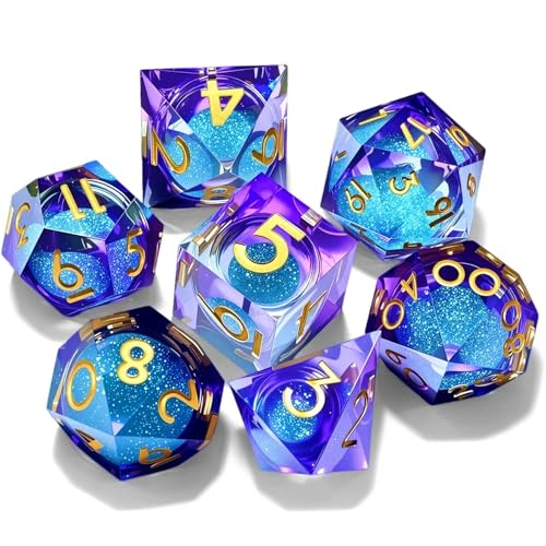 Liquid Core Quicksand Resin DND Dice, Sharp Edge Dungeons and Dragons Polyhedron Game Dice Set for Role Playing Games RPG Explorer Magic, Holiday Birthday Gifts Party Favors - color: Zi Se Lan Liu Sha