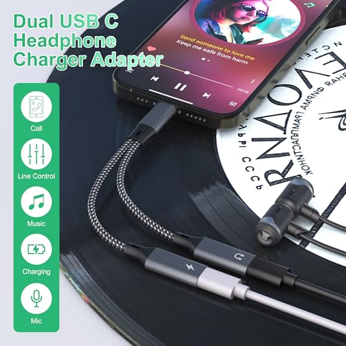 Dual USB-C Headphone and Charger Adapter - 1 in 2 out USB C Splitter with 60W Fast Charging and Audio Adapter for iPhone 16 15 iPad Huawei Galaxy PC, Type-C to Headphone Splitter for Call & Music