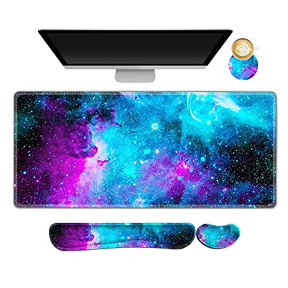 AIMSA Large Gaming Mouse Pad Set, Keyboard Wrist Rest Support Mouse Pad, Ergonomic Memory Foam Multifunctional Extended Desk Mat 35x15.7in Anti-Slip Rubber Base, Galaxy Nebula Universe - color: Galaxy Nebula Universe