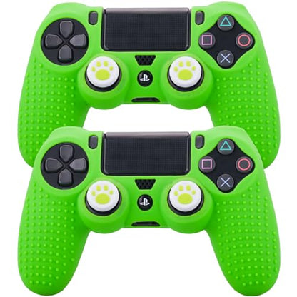 YoRHa Silicone Skin for PS4 Controller x 2(Green) with Exclusive Thumb Grips x 4