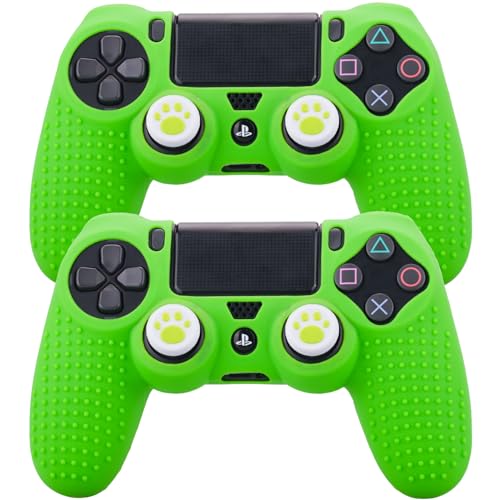 YoRHa Silicone Skin for PS4 Controller x 2(Green) with Exclusive Thumb Grips x 4
