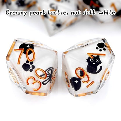 Haxtec Cat DND Dice Set White Sharp Edge Resin Dice Set with Dice Case, Handmade D and D Dice Polyhedral D&D Dice Set for TTRPGs Compatible with Dungeons and Dragons DND Gifts - color: White