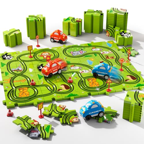 Beby Buty 48PCS Puzzle Race Track Car Set Toys for Kids Boys, Floor Puzzle Car Tracks for Boys Ages 3-5 4-6, Toddler Toys Gifts for 3 4 5 Year Old Kids, Ideal 3 4 5 6 Year Old Birthday Gifts - style: 48 PCS Animal Theme