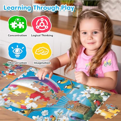 4-Pack 100 Piece Puzzles for Kids Ages 4-6, 6-8 | RV Trailer, Hot Air Balloon, Girl & Cats | Engaging & Educational Jigsaw Puzzles for Girls and Boys - style: Hot Air Balloon