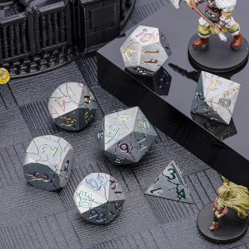 Metal DND Dice Set with Sharp Edge for RPG, Polyhedral D&D Dice in Gift Box for Dungeons and Dragons - color: Silver and Coloured Cracks