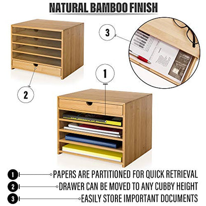 Prosumer's Choice Bamboo Four Cubby Paper Letter Tray Organizer with Single Pull-Out Drawer for Home and Office | Desktop Organizer with Drawer - Natural Bamboo Color