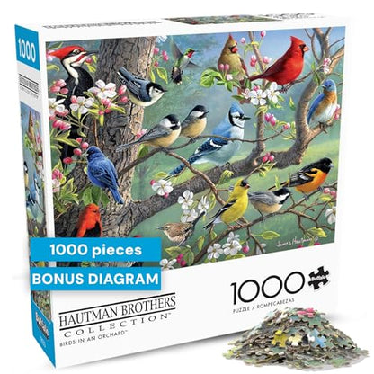 Buffalo Games Hautman Brothers - Birds in an Orchard - 1000 Piece Jigsaw Puzzle for Adults - 26.75 x 19.75 in, Poster Included - Precision Cut Pieces - Jigsaw Puzzles for Adults - Bird Scene