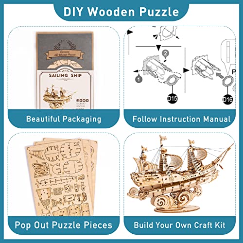 RoWood 3D Wooden Puzzle for Adults, Vintage Wooden Watercraft Model Sailboat Kit to Build, Best Gift Ideas Crafts Kit for Adults - Sailling Ship - style: Sailing Ship