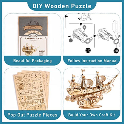 RoWood 3D Wooden Puzzle for Adults, Vintage Wooden Watercraft Model Sailboat Kit to Build, Best Gift Ideas Crafts Kit for Adults - Sailling Ship - style: Sailing Ship
