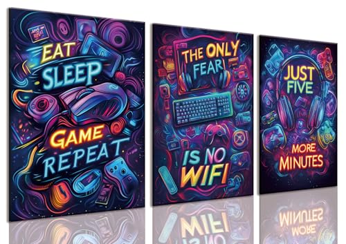 Yolbcdr Neon Gaming Canvas Wall Art Set of 3, 16x24 inch | Colorful Gaming Wall Decor, Neon Video Game Poster Set, Boys Bedroom Playroom - color: Colorful, size: 16"x24" Canvas