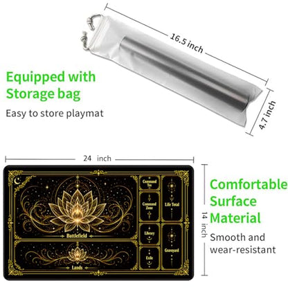 Playmat for MTG with Zones, 24 x 14 Inch Card Game Mat, Stitched Edges, Non Slip Rubber Base, 2mm Washable Play Mat with Storage Bag, Lotus Flower Design, Gold Color - color: Gold