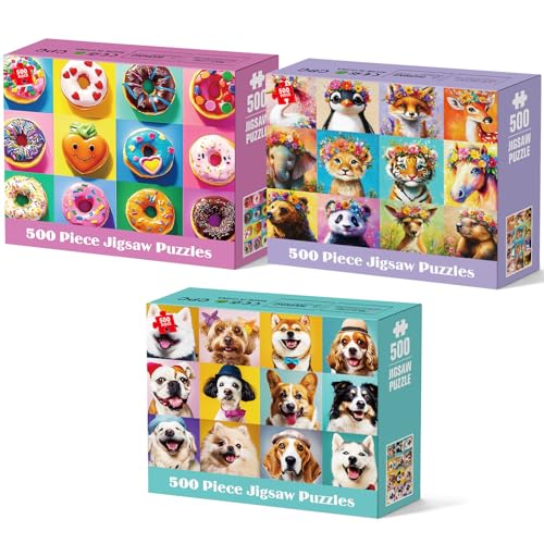 3 Pack 500 Piece Puzzles for Adults, Beautiful Wild Animals Jigsaw Puzzle for Teens Seniors, Recycled Cardboard Donut Dogs Puzzle 500 Piece, Family Activity Great Gift for Friends 20.5 * 15 inch - color: Animals