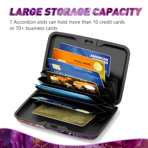 Credit Card Holder, Business Card Case Mini RFID Small Aluminum Card Wallet | Blocking Slim Metal RFID Blocking Front Pocket Wallet Hard Case Durable CC Holder for Women Girl, Purple Marble Flower - color: Purple Marble Flower