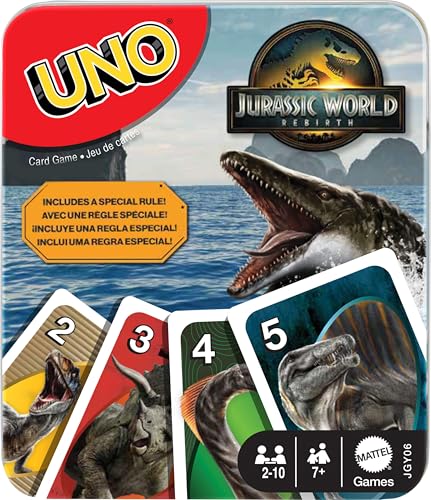 Mattel Games UNO Jurassic World Rebirth Card Game in a Collectible Tin for Kids, Adults & Family with Special Rule & Images Inspired by the Movie - style: UNO Jurassic World