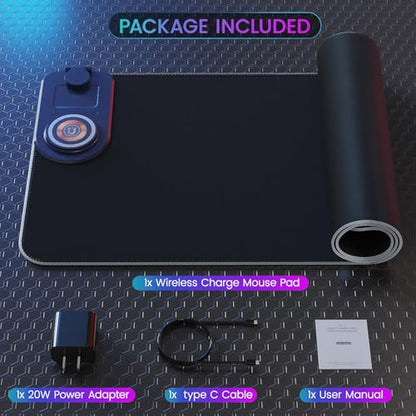 15W Wireless Charging Mouse Pad with Phone Holder&20W Power Adapter, RGB Gaming Mouse Pad, 15 Lights Mode 31.5"x11.8" XXL Large Desk Pad,Ultra-Smooth Surface,Non-Slip Rubber Base