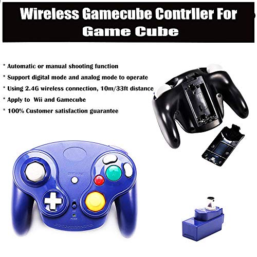VTone Wireless Game Cube Controller, 2 Pieces 2.4G Wireless Classic Gamepad with Receiver Adapter for Wii Game Cube NGC GC (Black and Dark Blue)