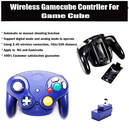 VTone Wireless Game Cube Controller, 2 Pieces 2.4G Wireless Classic Gamepad with Receiver Adapter for Wii Game Cube NGC GC (Black and Dark Blue)