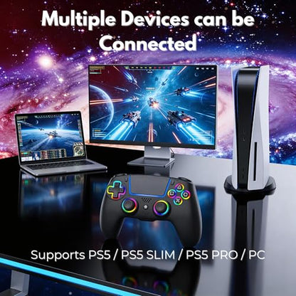 NEVORK Wireless Controller for PS5 Console and PC, Hall Effect Joysticks and Hall Triggers, RGB LED Gaming Controller 7 Colors, Programmable Back Buttons M1 M2, Turbo Rapid Fire, Dual Vibration, 6 Axis Motion, 3.5mm Audio Jack, Black