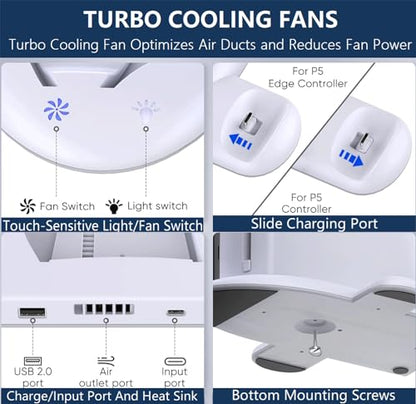 PS5 Slim Cooling Station with RGB LED Charging Dock - 3-Level Fan Cooling, Dual PS5 Controller Charger