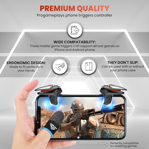 Progameplays Phone Triggers for Gaming – Mobile Triggers for PUBG Mobile iPhone & Android – L1 R1 Gaming Triggers for Phones, ZERO LAG, Fast Aim, No Screen Blocking – CODM Controller Shooter (2 Buttons)