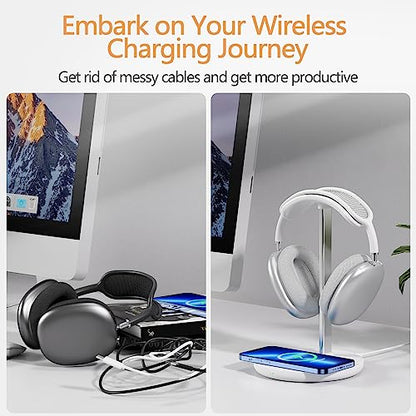 Headphone Stand with Wireless Charger, Gaming Headset Holder Hanger Rack 2 in 1 Wireless Charging Station Dock for iPhone 15/14/13/12/11 Series, AirPods Pro/3/2 and Desk All Headphones, White - color: White