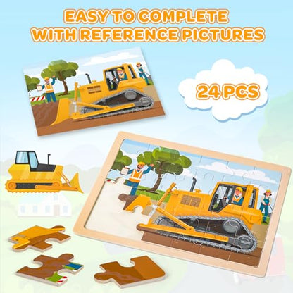 Puzzles for Kids Ages 4-6, 4 Packs 24 Pcs Wooden Jigsaw Puzzles for Toddlers Ages 2-4, Preschool Educational Vehicle Puzzle Toys Gifts for 3 4 5 6 Boys Girls - style: Vehicle