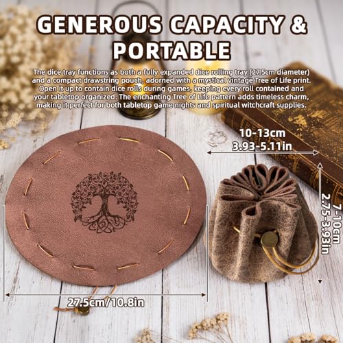 Leather Dice Tray with Life Tree Printed, 2-in-1 Collapsible Dice Rolling Tray & Drawstring Pouch, Portable Dice Bag for Tabletop Games, Rune Crystal Holder & Jewelry Storage - color: Pcd04y