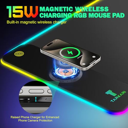 TARKARI RGB Mouse Pad Wireless Charging Desk Mat, LED Gaming Mouse Mat 800x300x4mm, 10 Light Modes, Waterproof, Non-Slip Rubber Base, Keyboard Pad for PC, MacBook Laptop - color: Iron Black