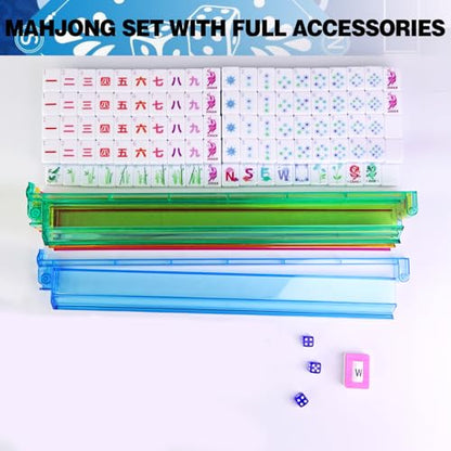 American Mahjong Game Set, Portable Carrying Bag,Acrylic 160 Tiles,Western Mahjong Tiles Set,Complete Ma Jong Set (Blue) - color: Blue