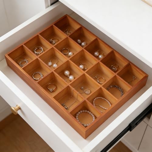 FUNSUEI 3 PCS Multi Compartment Wooden Tray, Grid Display Wood Serving Tray with 20 Sections, Wood Drawer Organizer Divided Snack Storage Box for Jewelry, Card Sorting, 14x11x2 Inch Brown - size: 3 PCS 20 Sections