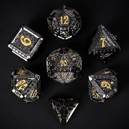 7-Piece Metal Dice Set - Mayan-Themed Zinc Alloy DND Dice for Tabletop Gaming, Gift, and Collecting - color: Mayan-themed-black Gold