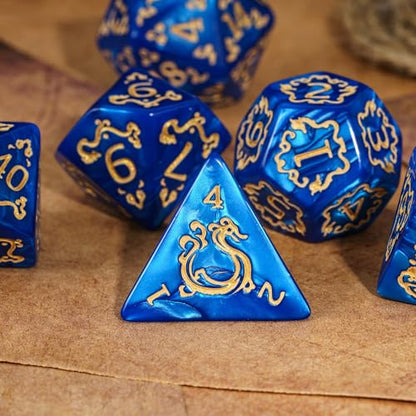 7-Die DND Dice Set Dragon Pattern Polyhedral Die with Leather Bag D&D Dice Set for RPG Table Games (Blue W/Gold Dragon Pattern) - color: Blue W/Gold Dragon Pattern