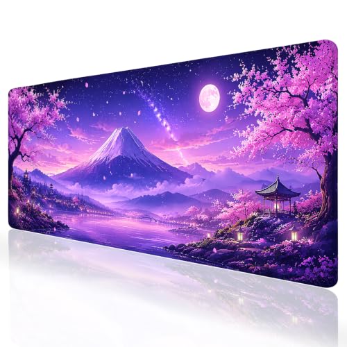 Extended Large Gaming Mouse Pad, Purple Galaxy Mount Fuji Desk Mat, Full Moon Cherry Blossom Lake Landscape Long Mousepad, Japanese Night Sky Aesthetic Desk Decor Gift for Gamers Men Women Office Home - color: Purple Cherry Blossom