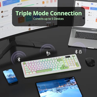 Owpkeenthy 96% Wireless Green Keyboard with Knob, 98 Keys Silent Gasket Mouted Mechanical Feeling Membrane Gaming Keyboard 3-Mode Wired/Bluetooth 5.0/2.4G for Win/Mac(98 Green) - color: 98 Green