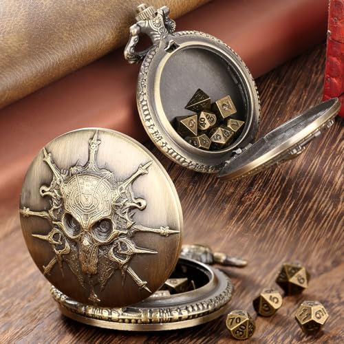 Mini DND Dice Set Steampunk Warlock Pocket Watch Shell Case, 7pcs Polyhedral Metal D&D Dice Set, DND Gifts with Gift Box for Gamer, Role Playing Board Games Accessories, Bronze - color: Warlock