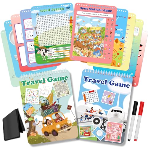 Elfew 2 Pack Reusable Travel Games Activity Books for Kids Ages 4-8, 8-12 | Include 2 Markers, 56 Different Brain Games, Waterproof, Spiral Binding, Toy & Learning Tool for Road Trip Airplane Activity - color: Travel Game Book-1